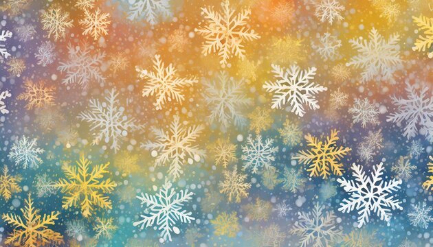 a multicolored pattern of snowflakes on a multicolored background with snow flakes on the bottom of the image and bottom half of the snowflakes on the bottom half of the image
