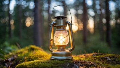 vintage gasoline oil lantern lamp burning with a soft glow light in a dark forest with a blur natural background - obrazy, fototapety, plakaty