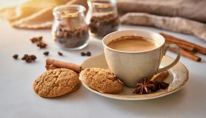 a cup of espresso with oatmeal cookies and cinnamon on a white background