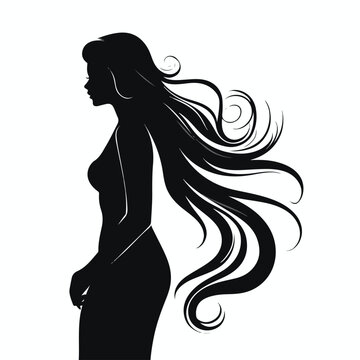 Young woman with long hair. Black silhouette. Vecto