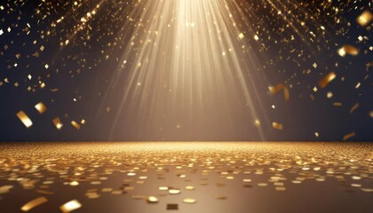golden confetti rain on festive stage with light beam in the middle empty room at night mockup with copy space for award ceremony jubilee new year s party or product presentations - obrazy, fototapety, plakaty