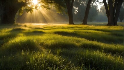 sun rays in the forest, As the sun rises in the early morning, its golden rays of light filter through the foliage of trees, creating a mesmerizing play of light and shadow. The dewy grass beneath the