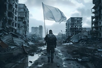 Minimalist Music: Military Man with White Flag in Destroyed City. Concept War and Peace, Surrender, Conflict Resolution, Emotional Recovery, Music and Unity