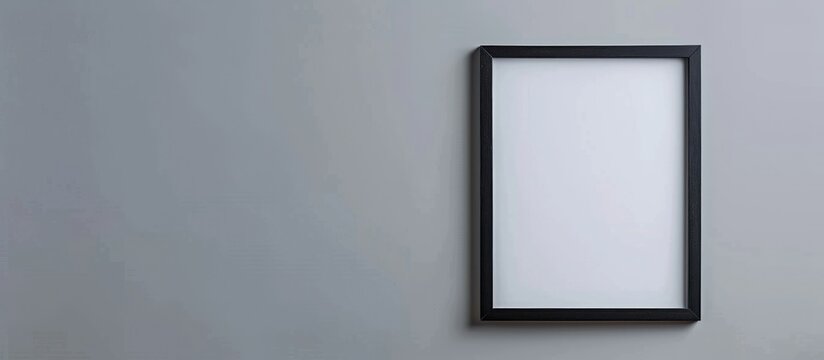 An empty black picture frame on a neutral gray backdrop.