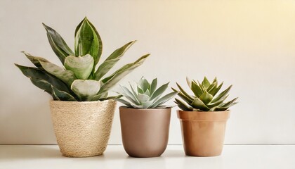 three houseplants in pots isolated against a white background with copy space plants include a sansevieria peperomia and a succulent - obrazy, fototapety, plakaty