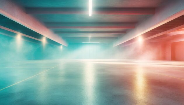 empty parking garage background with dappled light streaking across the floor and walls muted cyan and red tones cyc empty fog smoke abstract