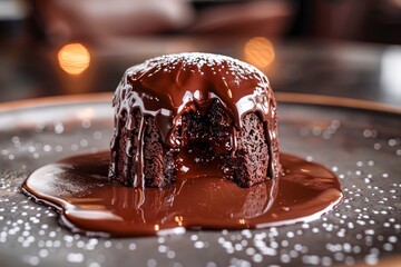 Decadent Molten Chocolate Lava Cake with Flowing Cocoa Sauce on Elegant Plate with Ambient Lighting - obrazy, fototapety, plakaty