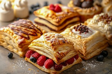 Assorted Gourmet Puff Pastries with Fresh Berries, Cream, and Chocolate Drizzle on Rustic Tabletop - obrazy, fototapety, plakaty