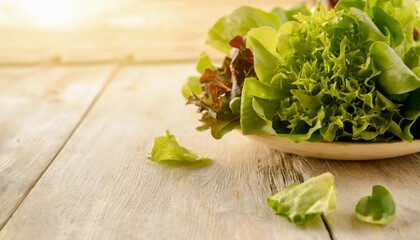 fresh green lettuce salad mix on light wooden background with copy space