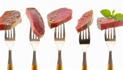 set of raw slices of beef steak on a fork isolated on white background