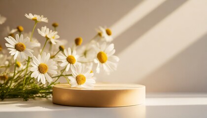 Fototapeta na wymiar empty cylindrical podium or pedestal with chamomile flowers on a white background blank shelf product standing background