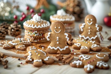Obraz na płótnie Canvas Festive Gingerbread Cookies Decorated with Icing, Christmas Holiday Treats on Wooden Table with Seasonal Decor