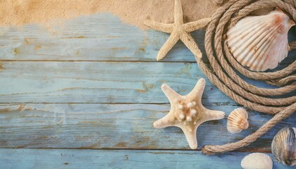Fototapeta na wymiar pattern sea shell and rope on a blue old wooden background with sand summer time holiday concept top view leave a copy space for writing descriptive text tone colorful pastel