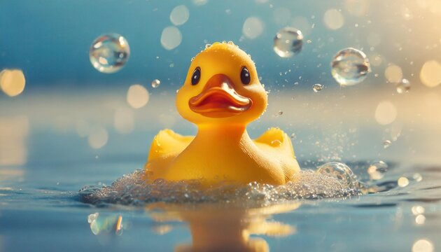 close up of adorable yellow rubber duck swimming in water before a light blue background with soap bubbles
