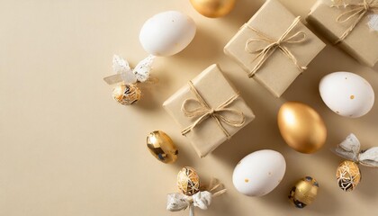 easter celebration concept top view photo of white and gold easter eggs and craft paper gift boxes with twine bows on isolated beige background with