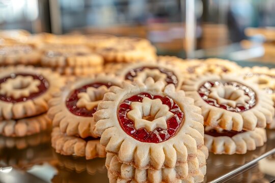 Close Up of Delicious Linzer Tart Cookies With Raspberry Jam on Display in Bakery Shop