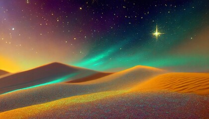 colorful neon iridescent desert sand space and stars abstract background in a dark moonlit scene