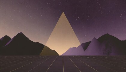 80s style sci fi black starry sky background behind purple mountains and triangle in the middle of illustration futuristic poster template