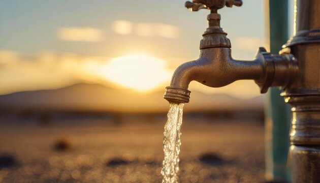 close up the old faucet releases water bokeh desert background