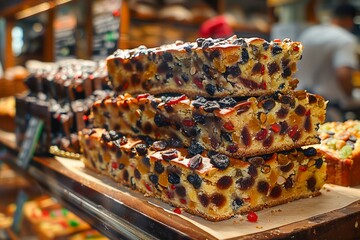Fresh Delicious Fruit Cake Slices on Display in Bakery Shop Assorted Gourmet Berry Cakes Ready for Sale - obrazy, fototapety, plakaty