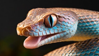 a close up of a pink and blue snake s head with it s tongue out and eyes wide open on a black background with a black background