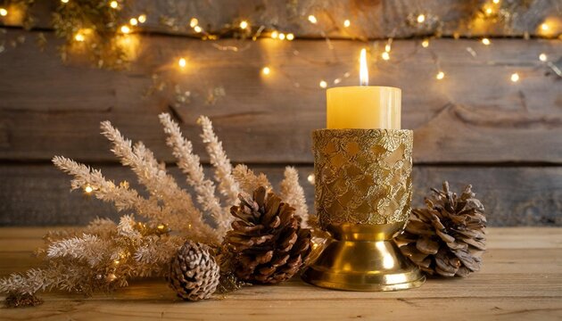 candle in a gold glittery holder on a wooden surface with dried flowers and pine cones the background is a wooden wall with string lights the lights are yellow and give the image a warm glow