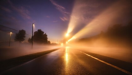 ultraviolet background of empty foggy street with wet asphalt illuminated by a searchlight laser beams smoke