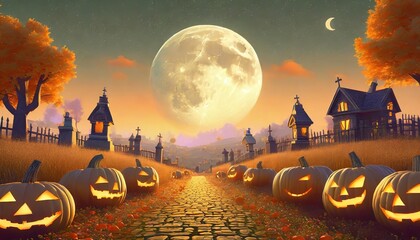 halloween background with pumpkins moon road and graveyard