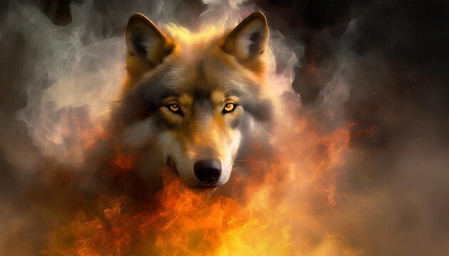 an intense mystical wolf image against a backdrop of fiery smoke and a black background