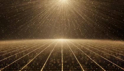 Deurstickers perspective grid abstract background shining golden floor ground particles stars dust with flare futuristic glittering in space on black background © Michelle