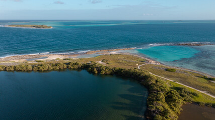 Beautiful virgin islands with crystal clear waters in the Caribbean Sea drone shots. Los Roques Venezuela, Cayo Francisqui