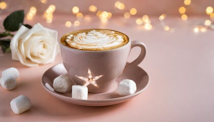 Obraz na płótnie Canvas cappuccino coffee with a star on the crema and a pink background with white marshmallows