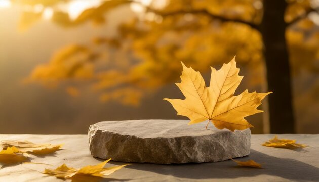 stone texture podium background with autumn yellow maple leaf