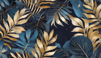 Fototapeta na wymiar golden and black tropical leaves seamless pattern on a dark background exotic botanical design beautiful luxury dark blue textured background frame with golden and blue tropical leaves