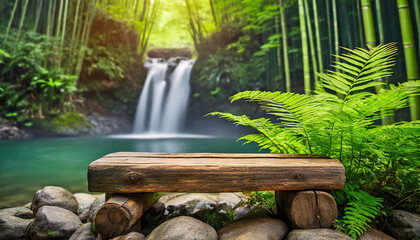 Old wooden seat with beaitiful waterfall background, AI generated