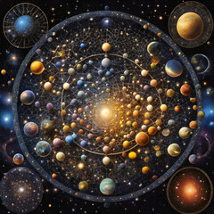 An artistic depiction of the cosmos in a style reminiscent of ancient star maps.