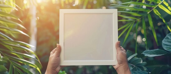 Blank white photo frame being held with sunlight for design mockup template.
