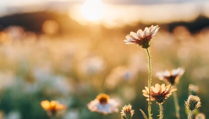 flower field in sunlight spring or summer garden background in closeup macro view or flowers meadow field in morning light