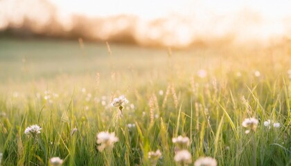 spring background with green grass and flowers copy space