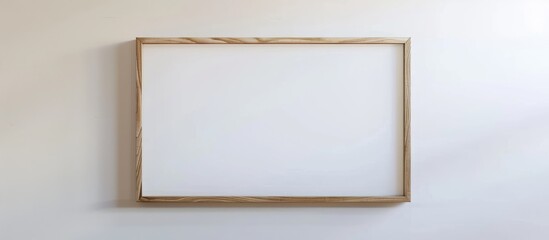 Large landscape mockup with wooden frame displayed on a white wall. Modern and minimal design...