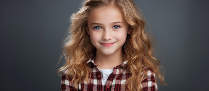 The young girl with long blonde layered hair is wearing a plaid shirt and smiling, showcasing her eyebrows, eyelashes, ear, and nose