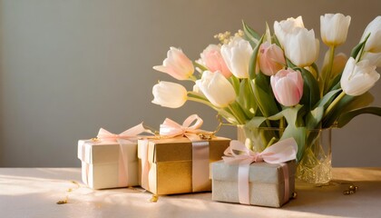 spring composition with bouquet of pink white tulips and gift boxes on a pastel background