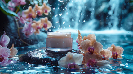 Glass cosmetic jar with skin face care moisturizer cream with rain on waterfall water surface...