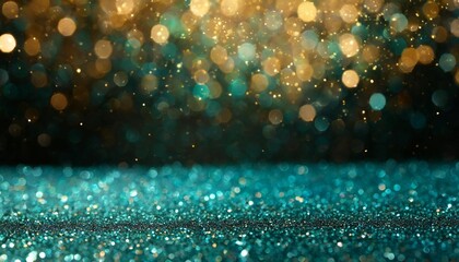 blue glitter with green bokeh on a black background turquoise glitter brilliant mockup vibrant background with lights blue shiny glitter layout