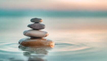 calm zen stones in milky water against a blurred turquoise background with copy space