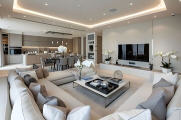 Fototapeta premium Chic Retreat White Sofa and TV Unit in the Picture Pe sofa setting in room 