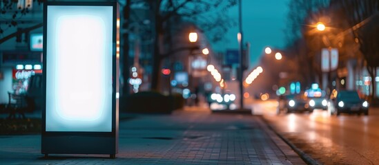 A tall digital light box mock up outdoors near retail establishments and restaurants captured at night, suitable for displaying large posters, information boards, and advertisements. - obrazy, fototapety, plakaty