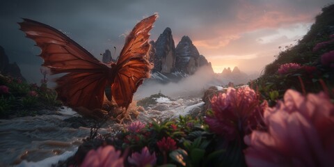 Fantasy landscape with a giant butterfly overlooking a river and mountains amid lush flora, a serene and mystical scene of natural beauty