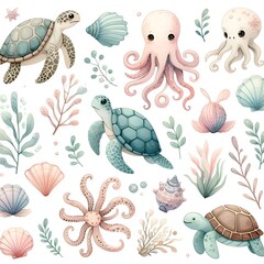 Sea Animal Shapes Patterns, Illustrations, Seamless Patterns
