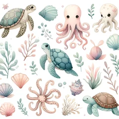 Verduisterende rolgordijnen zonder boren Onder de zee Sea Animal Shapes Patterns, Illustrations, Seamless Patterns